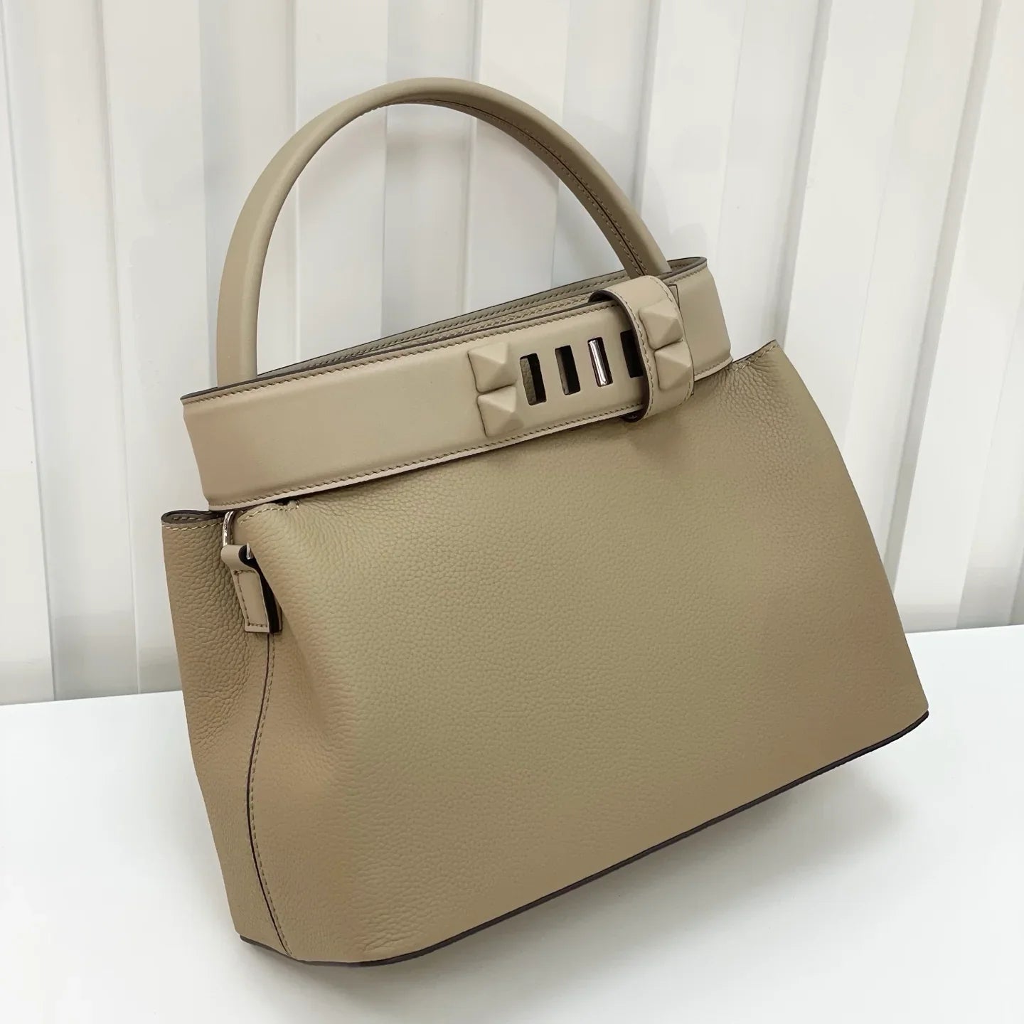 Soft Beige Structured Top Handle Bag With Pyramid Stud Hardware, Divided Interior And Matching Shoulder Strap