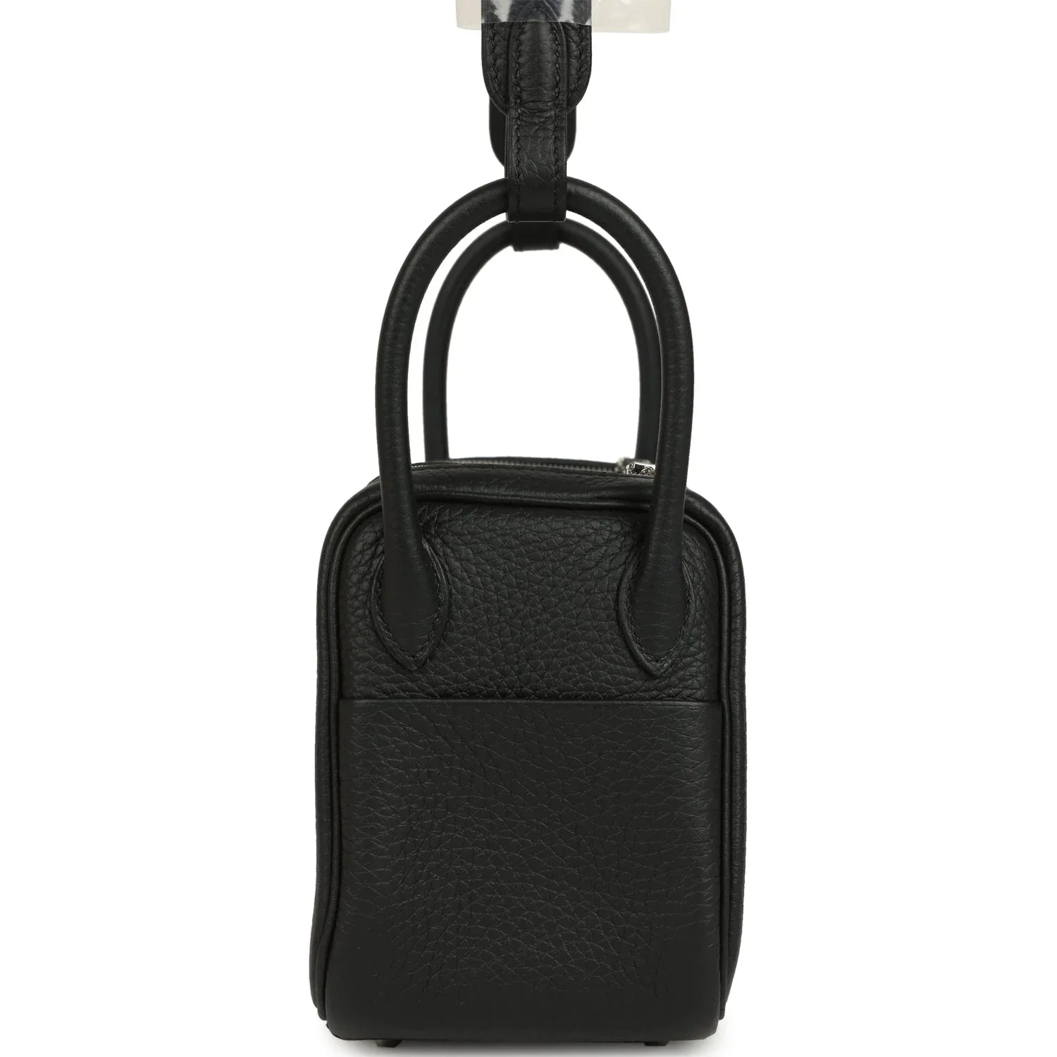 Jet Black Mini Pebbled Grain Handbag With Rolled Top Handles, Silvery Twist Lock And Dual Side Zipper Compartments