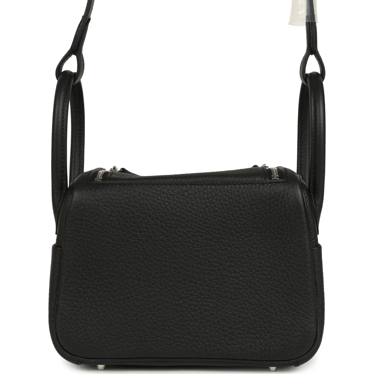 Jet Black Mini Pebbled Grain Handbag With Rolled Top Handles, Silvery Twist Lock And Dual Side Zipper Compartments