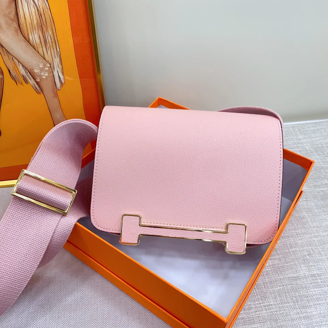 Mauve Pink Compact Flap Shoulder Bag With Wide Woven Fabric Strap And Bar-Shape Metallic Front Clasp