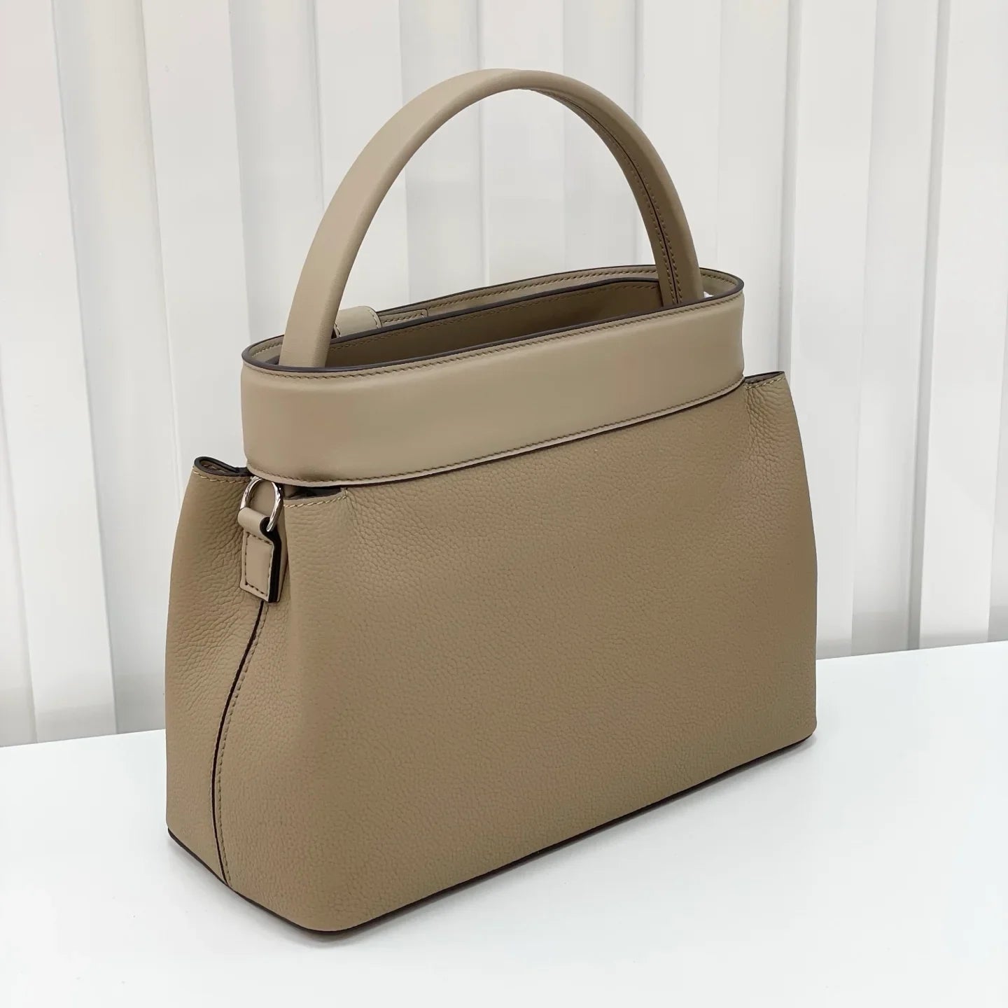 Soft Beige Structured Top Handle Bag With Pyramid Stud Hardware, Divided Interior And Matching Shoulder Strap