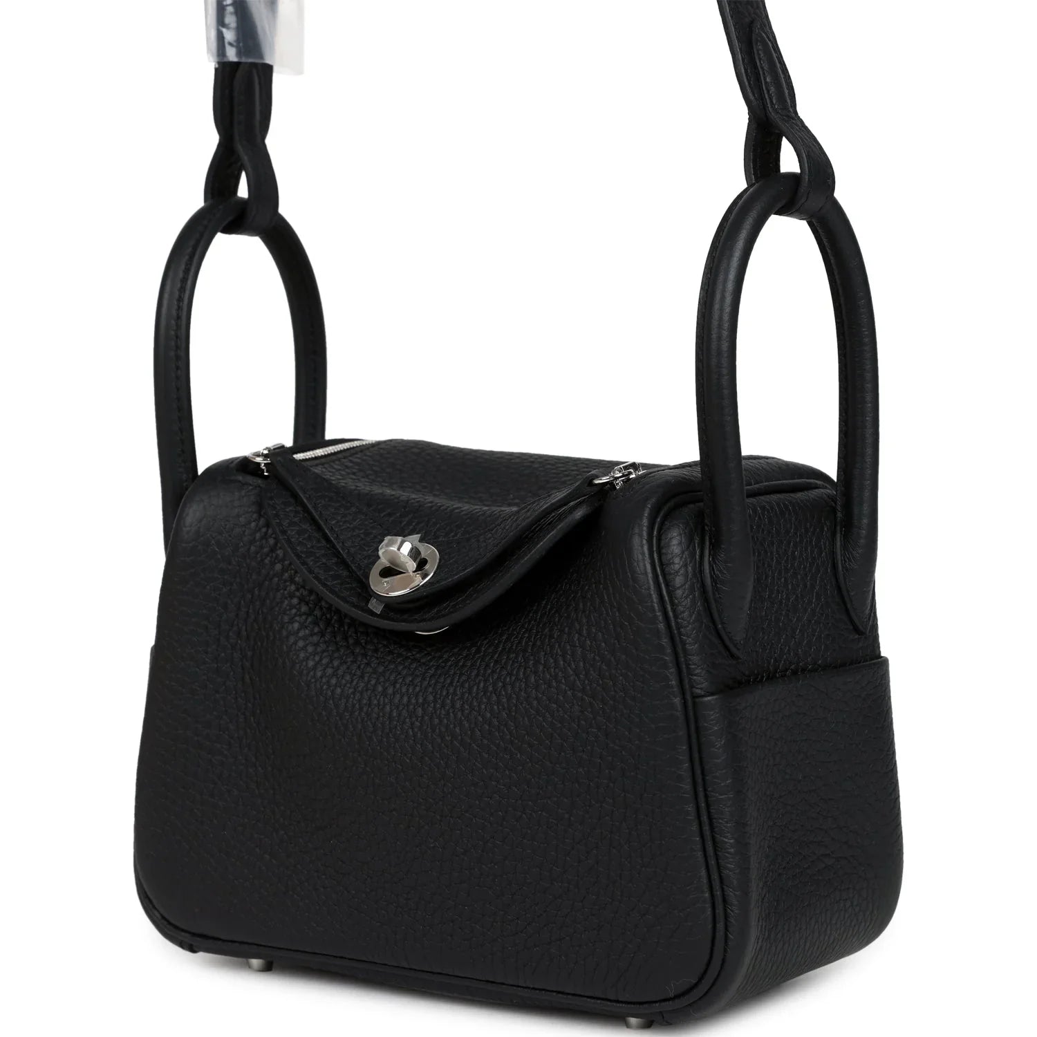 Jet Black Mini Pebbled Grain Handbag With Rolled Top Handles, Silvery Twist Lock And Dual Side Zipper Compartments