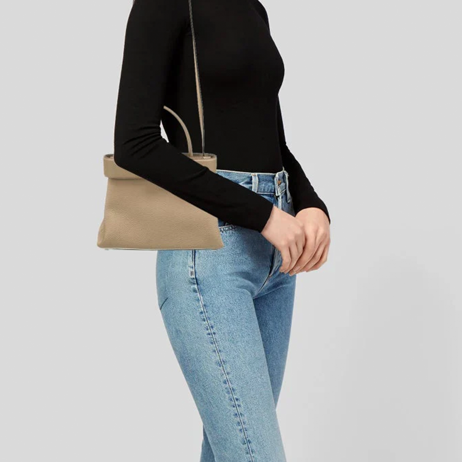 Soft Beige Structured Top Handle Bag With Pyramid Stud Hardware, Divided Interior And Matching Shoulder Strap