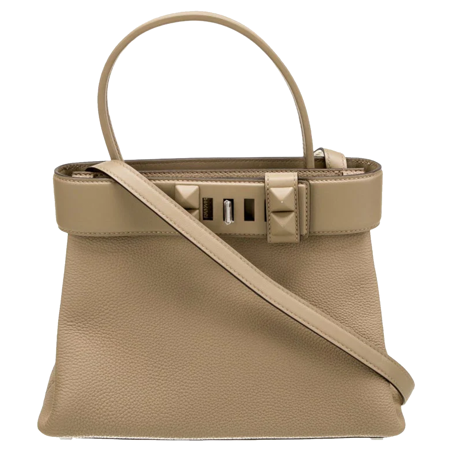 Soft Beige Structured Top Handle Bag With Pyramid Stud Hardware, Divided Interior And Matching Shoulder Strap