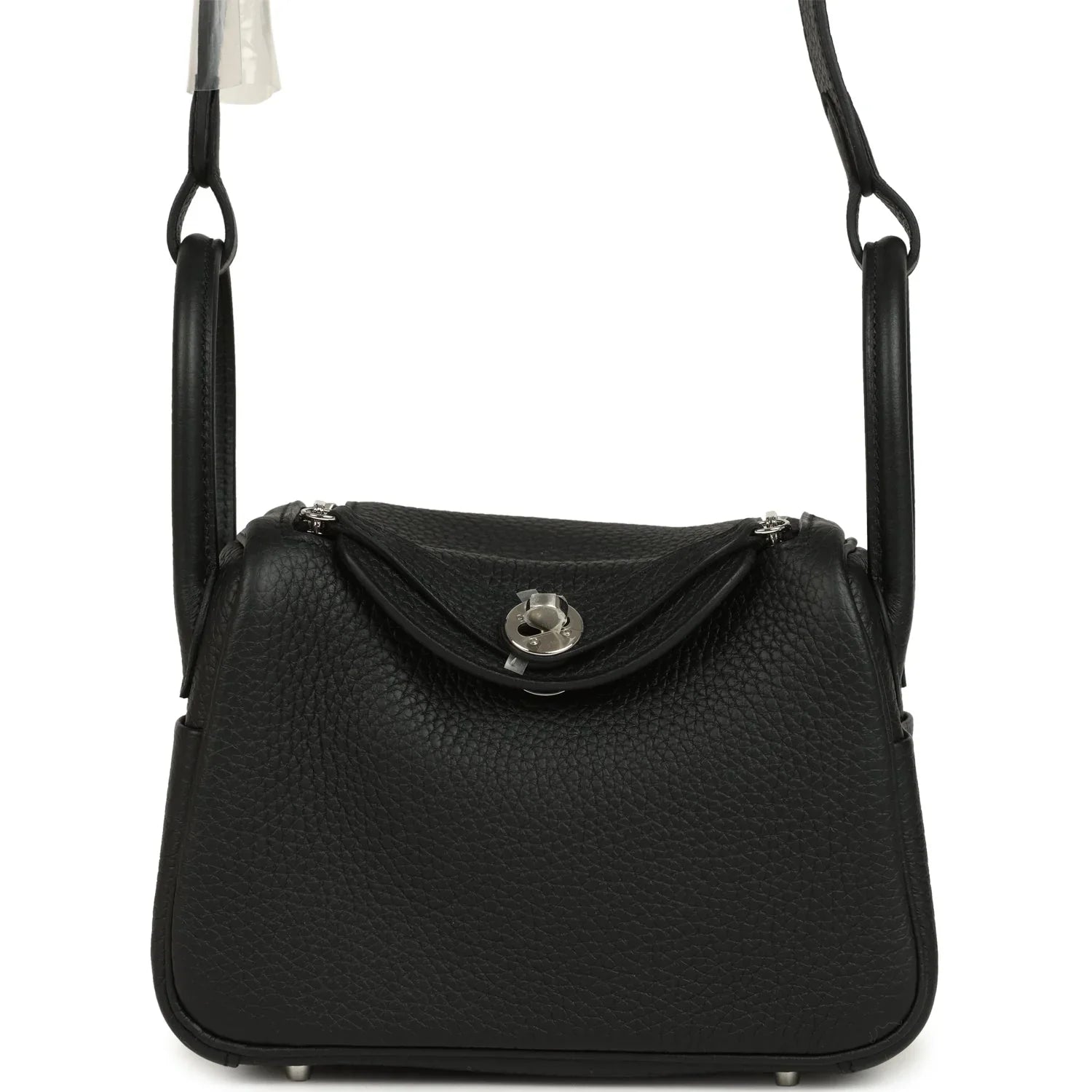 Jet Black Mini Pebbled Grain Handbag With Rolled Top Handles, Silvery Twist Lock And Dual Side Zipper Compartments
